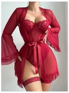 Women's 5 Piece Valentine's Day Robe Lingerie Set Floral Lace Teddy Bodysuit with Belt Robe Stockings Long Sleeve Bridal