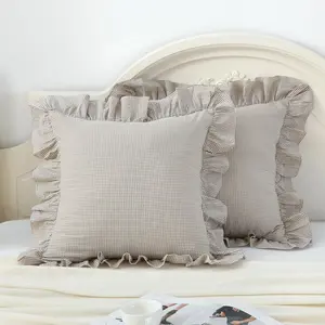 Brown/White Ruffle Plaid Throw Pillow Covers Farmhouse Checkered Gingham Pillowcases 24"x24" Pillow Shams for Couch,Sofa,Bed and Living Room