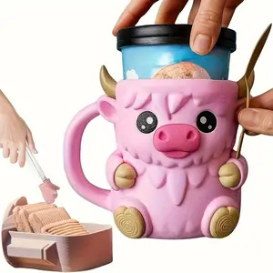 Highland Cow Ice Cream Cup Holder Set, Reusable 3D Printed Cups, Hidden Snack Storage Drawer, Multi-Purpose Beverage Cooler, Party Accessories, Funny Mug