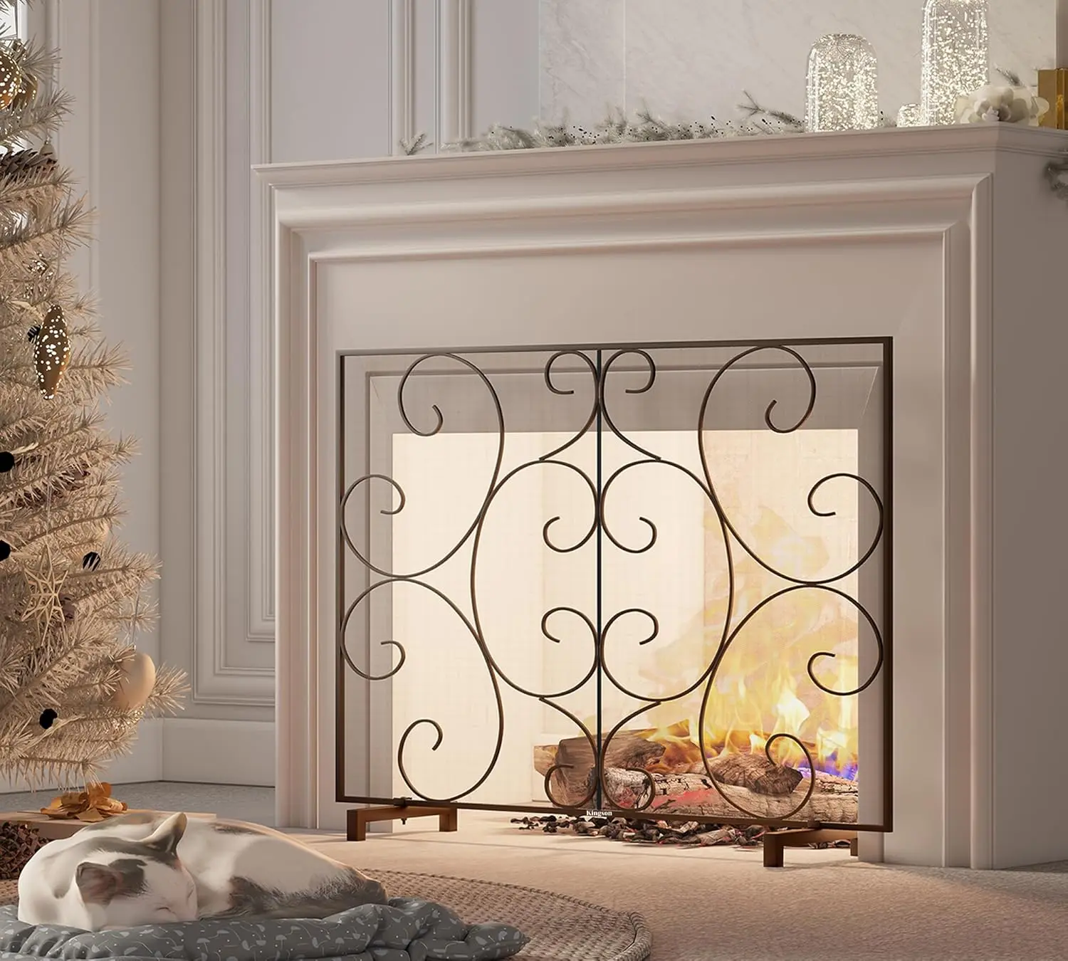 Single Panel Decorative Flat Fireplace Screen Cover Handcrafted Durable Metal Mesh, Heat-Resistant Free Standing Fire Spark Guard Mesh 37.8" L x 8.8" W x 30.7" H
