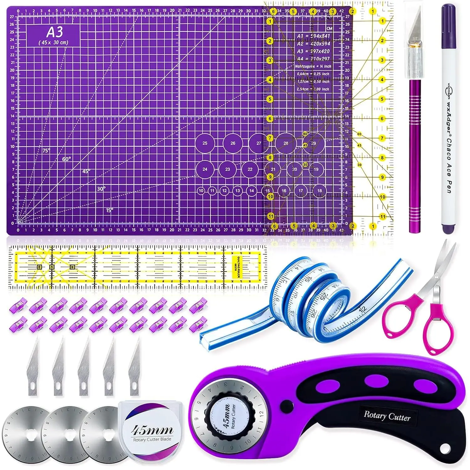 Sewing Quilting Tool Kit - 45mm SKS-7 Steel Rotary Fabric Cutters, A3 Self-Cut Mat, Rulers, Exacto Knife, Clips, 5x30cm Synthetic Pieces, Sewing Supplies Crafts for Quilt Cutting Beginners