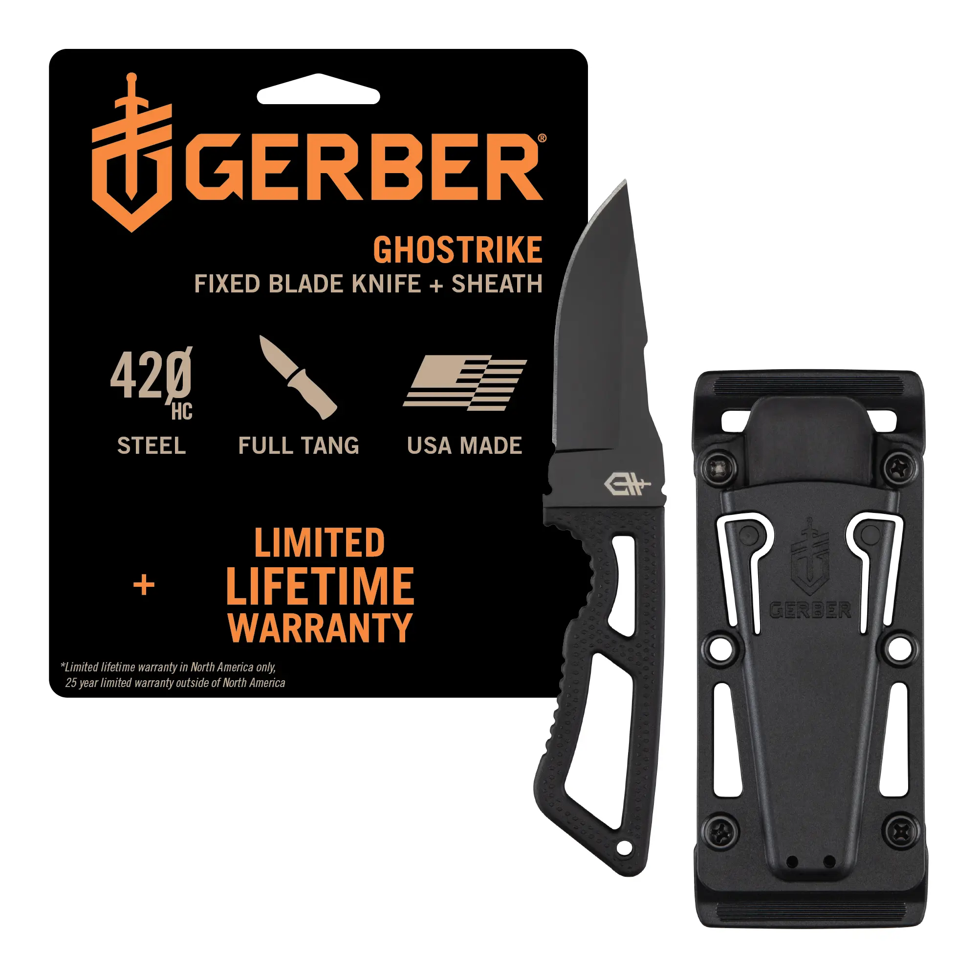 Gerber Gear Ghostrike Fixed-Blade Knife - 3.3" 420HC Stainless Steel Blade with Black Ceramic Coating, Diamond-Texture Grip, EDC Use, Modular Sheath, Made in USA (Sports & Outdoor Camping & Hiking Tool)