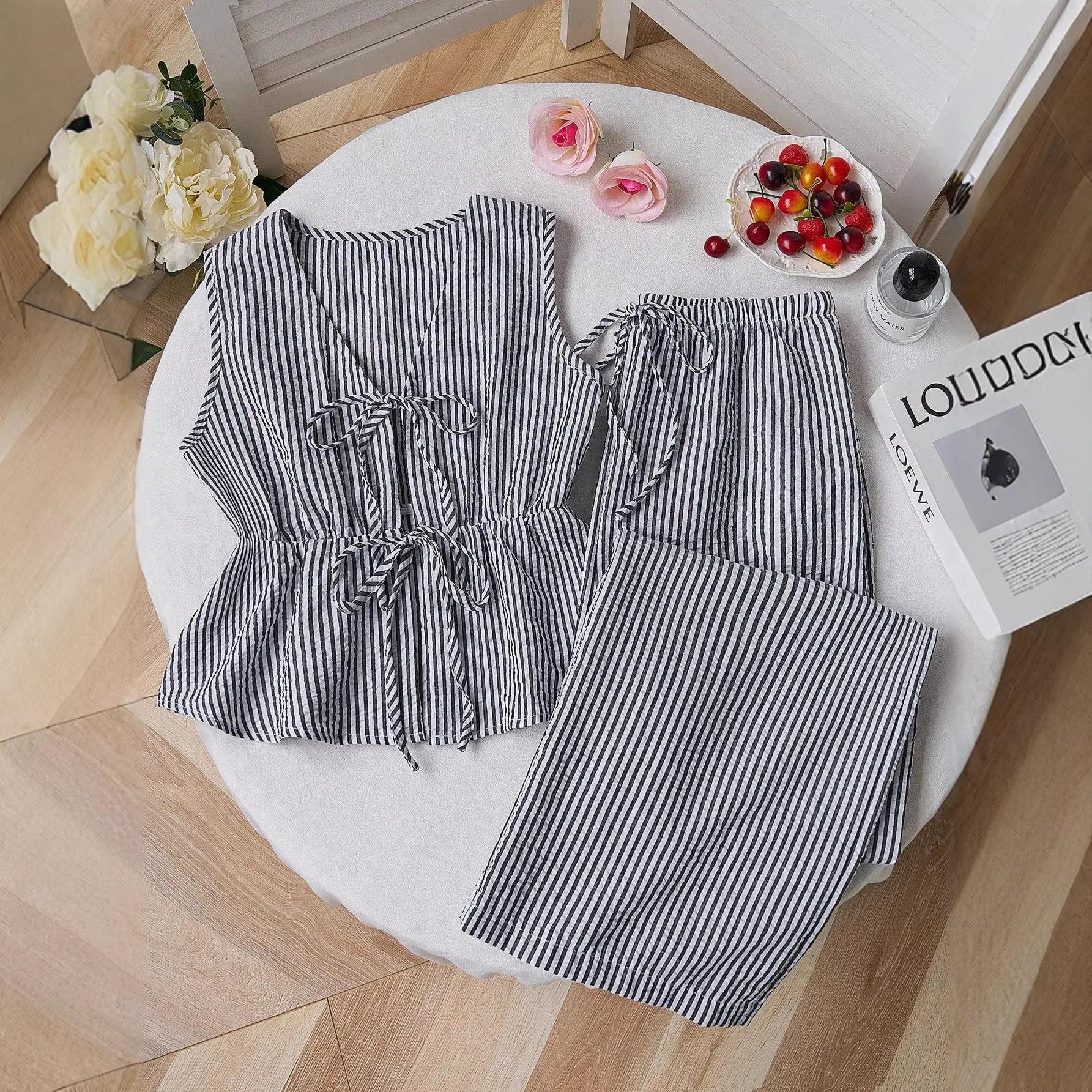 Women's 2 Piece Striped Lounge Set with Pockets Sleeveless Tie Front V Neck Wide Leg Pants Soft Summer Casual Pajamas Loungewear