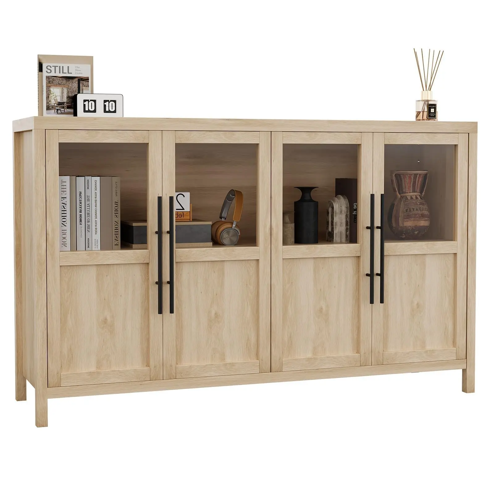 Garvee 55 Inch Buffet Sideboard Cabinet - 4-Glass Doors - Wooden Entryway Storage for Kitchen, Dining Room, Living Room - Natural