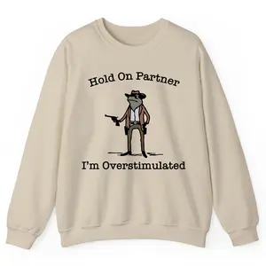 Hold On Partner I'm Overstimulated Shirt, Retro Cowboy Frog Sweatshirt, Weirdcore Clothing Gen Z T-Shirt, Weird Funny Tee, Graphic Tees