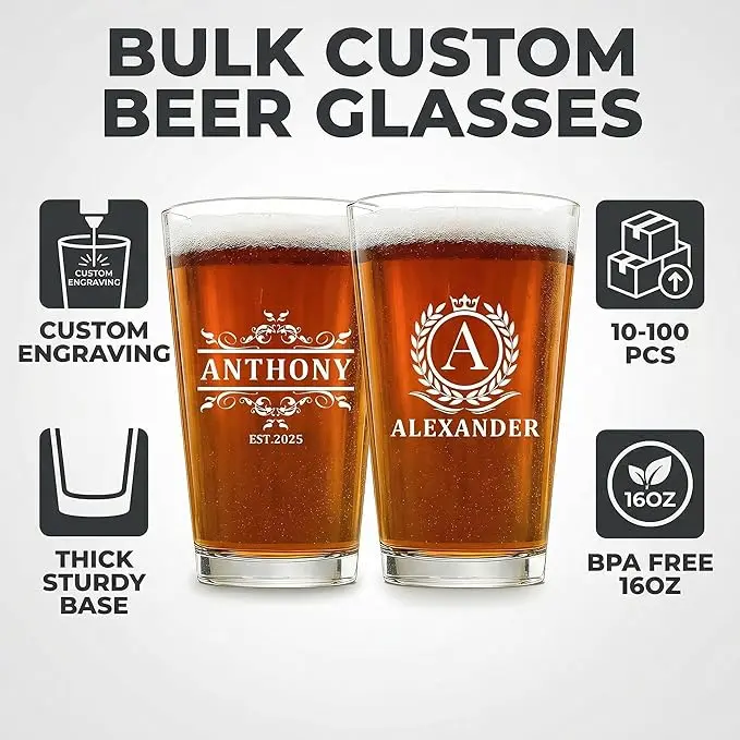 Custom 16 oz Tapered Shape Printed Beer Highball Glass - Personalized, Durable, Stackable, Thick-Walled Transparent Glassware for Weddings, Bars, Bulk Packs with Multiple Counts