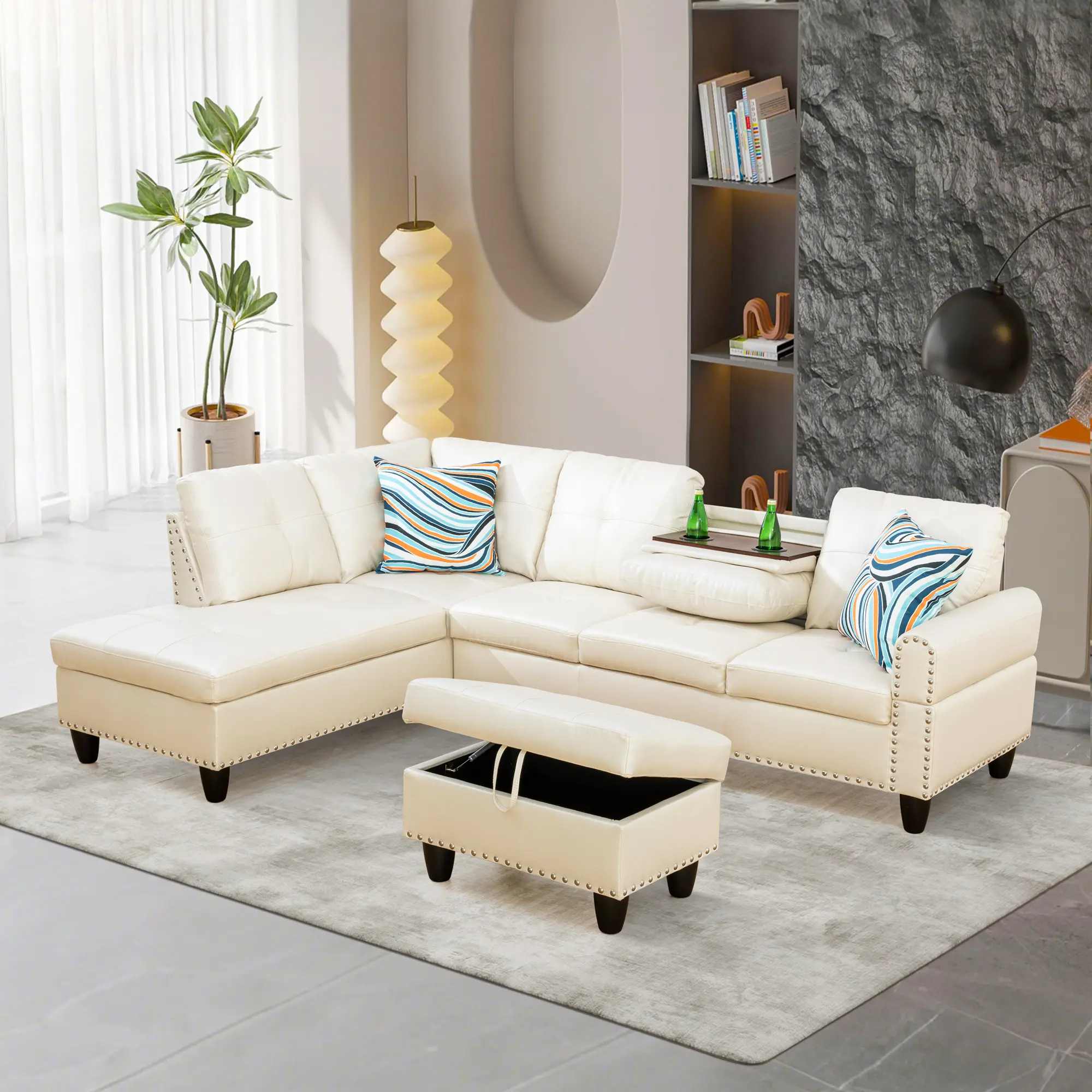 AINEHOME White Faux Leather 3-Piece Sofa Set, Living Room Indoor Furniture