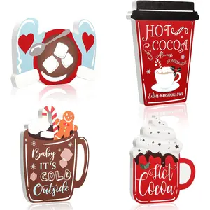 Winter Layered Tray Decoration Set, Hot Cocoa Doctor Calendar Logo, Coffee Cup & Gingerbread Figurines, Desktop Home Centerpiece, Novelty Desk Decor