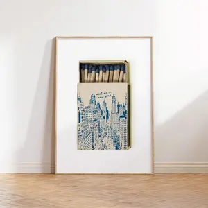 (No Frame) Matchbox Print New York City Matches Wall Art Retro NYC Matchbook Blue Printable Poster Trendy Meet Me in NY Vintage Aesthetic