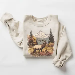 Retro Elk Sweatshirt Vintage Fall Hunter Scene Sweater 90s Bull Forest Nature Outfit Crewneck Americana Nostalgia Elk Deer Unisex