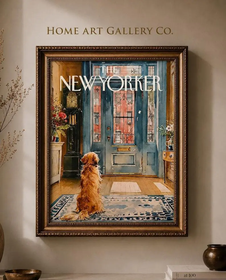 The New Yorker Faithful Friend Dog Sat By Door Wall Art Print