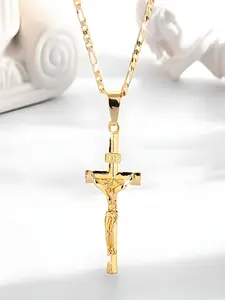 Elegant Jesus Cross Pendant Necklace, 14k Gold Plated Smooth Charm Jewelry, Perfect for Holiday Blessing and Prayer