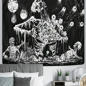 1pc Gothic Skull Pattern Wall Tapestry - Black and White Artistic Design with Skeletons, Planets, and Celestial Elements, Perfect for Living Room, Bedroom, Office, or Party Decor, Easy to Hang Ceiling Background Cloth, Bedroom Artwork |     Gothic Style |