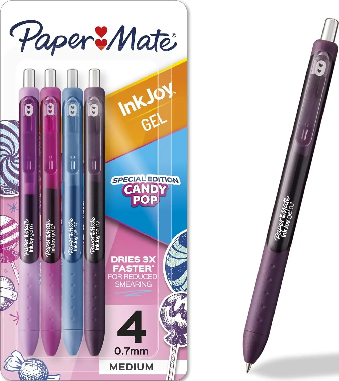 Paper Mate InkJoy Gel Pens Candy Pop Special Edition, Retractable Gel Pens, Medium Point 0.7mm, Assorted Colors, Smooth Quick-Dry Gel Ink, Colorful Writing Pens for Journaling, Note Taking, Planner, School & Office Supplies, Teacher Supplies, 4 Pack