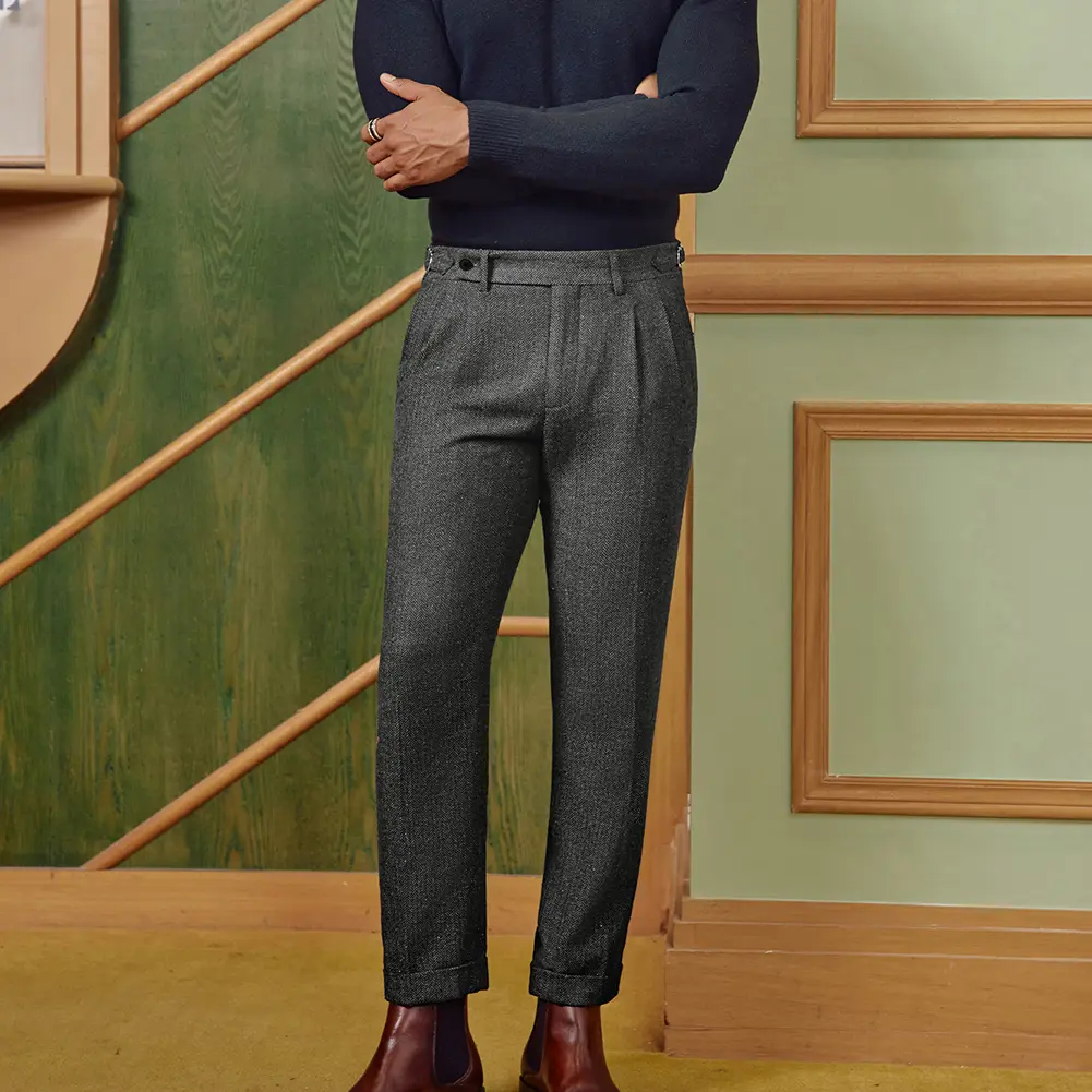 PJ PAUL JONES Men Vintage Tweed Pants Herringbone Pleated Suit Trousers