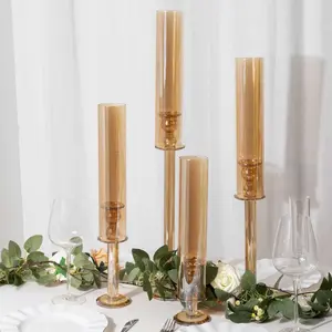 Set of 4 Crystal Glass Hurricane Taper Candle Holders, Amber Gold Cylinder Chimney Tubes - Decorative Tall Candle Stands 14", 18", 22", 26"