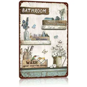 Classic Rustic Bathroom Iron Sign, 2D Flat printed metal wall ornament Premium high quality print, farm country style, multi-scene decor and wonderful housewarming gift idea