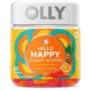 OLLY Hello Happy Gummy Worms Adult Chewable Supplement with Saffron Extract & Vitamin D, Tropical Zing Flavor, 60 Gummies