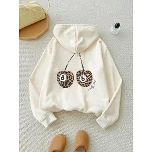 Women's Cherry, Letter & Graphic Print Hoodie, Fashion Casual Leopard Print Hooded Sweatshirt for Daily Holiday Outdoor Wear, Women Clothing for Fall & Winter