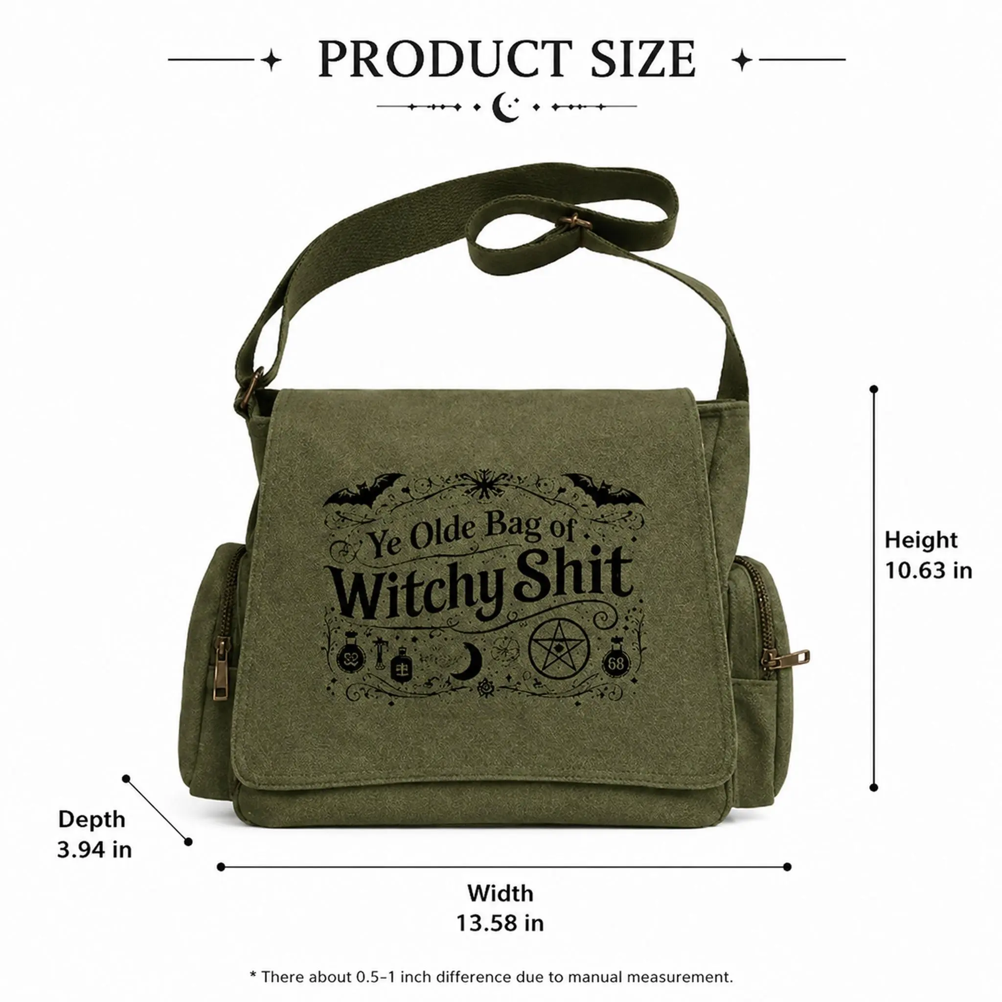 Large-capacity witch-themed canvas bag, equipped with an adjustable shoulder strap, featuring a clamshell-style vintage messenger bag, adorned with bats, pentagrams, moons, wands, and mysterious symbols, making it an excellent choice as a gift