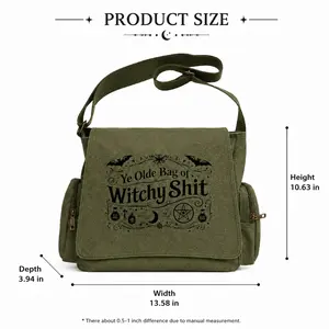 Large-capacity witch-themed canvas bag, equipped with an adjustable shoulder strap, featuring a clamshell-style vintage messenger bag, adorned with bats, pentagrams, moons, wands, and mysterious symbols, making it an excellent choice as a gift