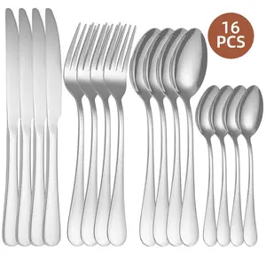 Set Of 16 Pieces Of Food-grade Cutlery, Stainless Steel Cutlery Set, Creative Stainless Steel Cutlery, Suitable For Durable Cutlery In Family Kitchen, Restaurant, And Hotel, Kitchen Utensils, Dining Tools Tableware Rectangle