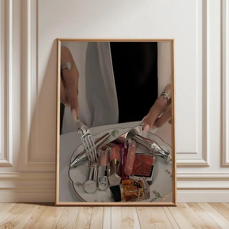 Girl Dinner Print | Aesthetic Makeup and Perfume Art Print | Funny Prints | Kitchen Wall Print