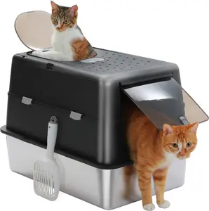Covered, enclosed stainless steel litter box, suitable for large cats, extra-large capacity, metal litter box, high-sided design to prevent odor absorption and urine leakage, easy to clean, comes with a foot pedal.