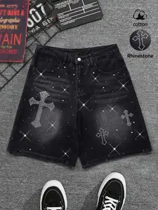 Men's Summer Rhinestone Natural Jean Bermuda Shorts, Loose Fit, Multi-Pocket, Button Fly, Knee-Length, Casual Streetwear, Y2K Style