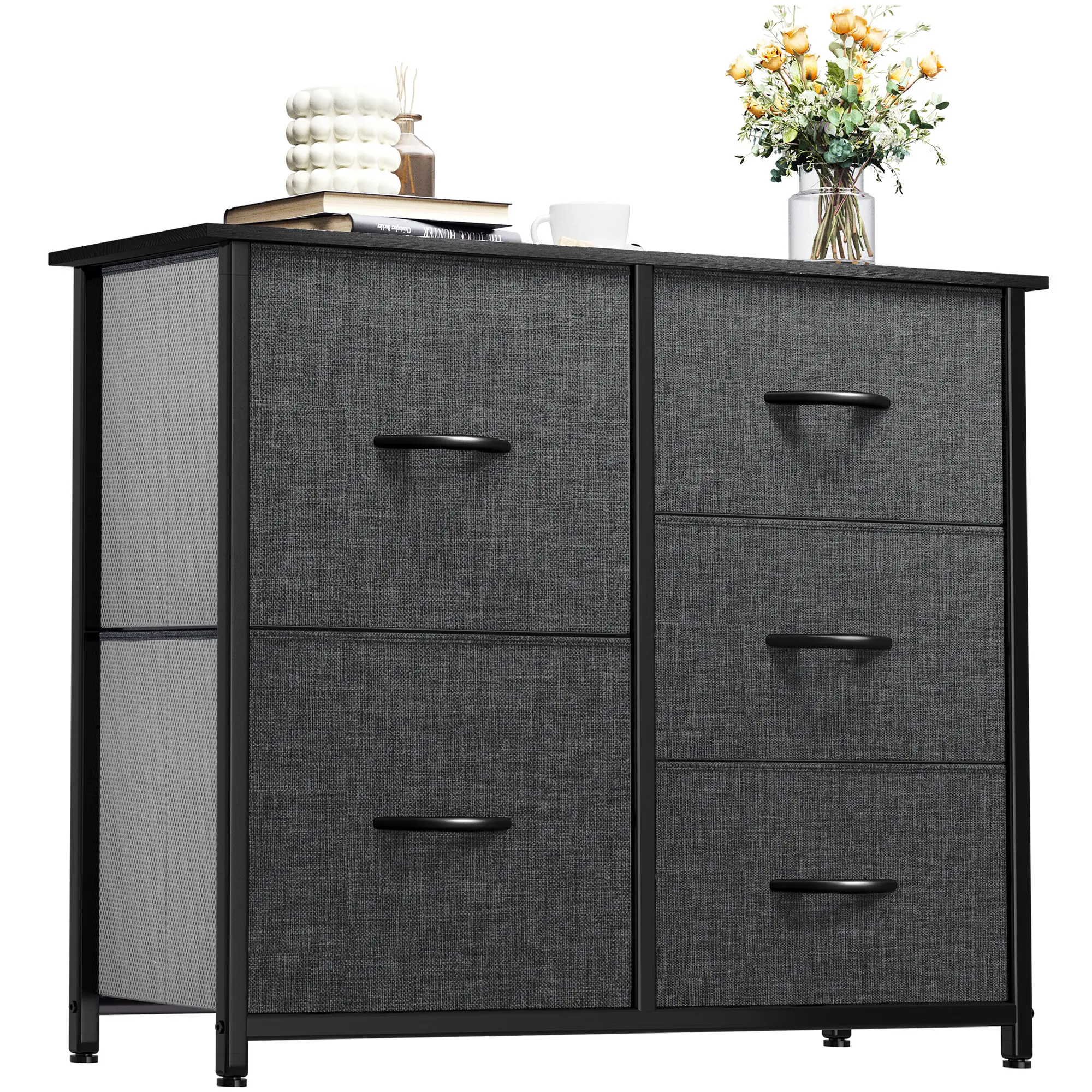 Yitahome Storage Tower with 5 Drawers - Fabric Dresser, Organizer Unit for Bedroom, Living Room, Closets - Sturdy Steel Frame, Easy Pull Fabric Bins & Wooden Top (Black/Grey)