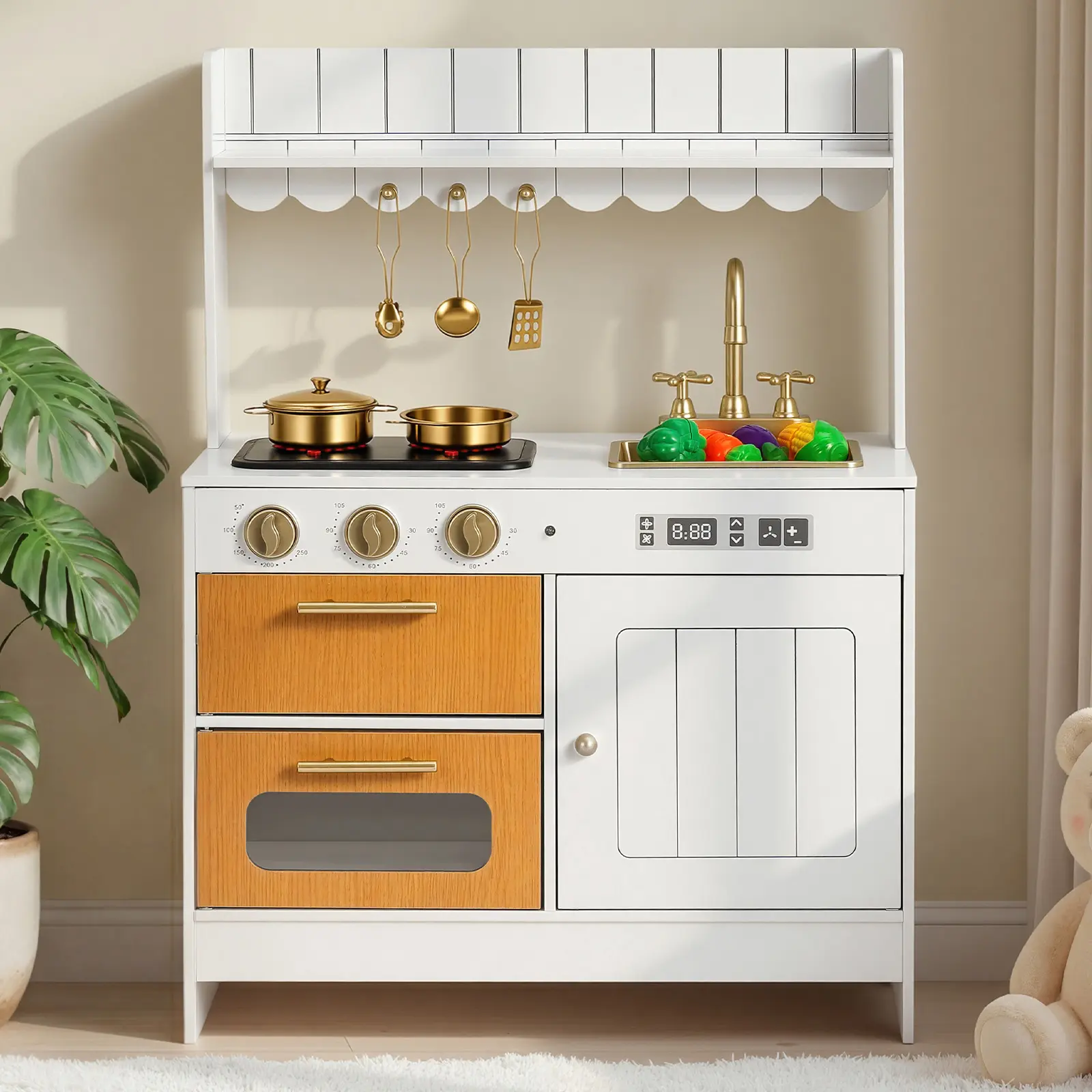 【SummerFinds】VEVOR Wooden Kids Play Kitchen Playset, Pretend Play Toy with Real Lights & Sounds, Sink, Oven, Stove, Cabinet, Food & Cookware Accessories, for Toddlers Ages 3-8, Light Sound, Child-Safe Kitchen Playsets
