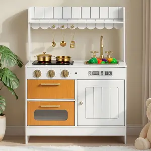 VEVOR Wooden Kids Play Kitchen Playset, Pretend Play Toy with Real Lights & Sounds, Sink, Oven, Stove, Cabinet, Food & Cookware Accessories, for Toddlers Ages 3-8, Light Sound