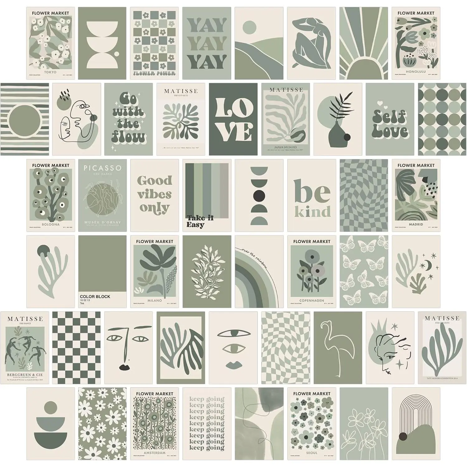 Room Decor Aesthetic, Wall Collage Kit Posters for Room Aesthetic Posters Prints, Sage Green Aesthetic Dorm Room Decor for Teen Girl (50Count 4x6 inch)