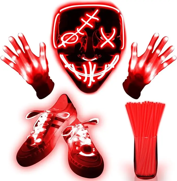 Adult Red Halloween Aesthetic Costume Accessory Kit - 4-Set LED Mask, Light-Up Gloves, Glow Shoelaces, 20 Glow Sticks, 20 Connectors for Scary Halloween Parties