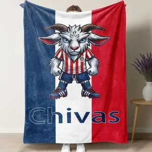UVVUVV -  Chivas GOAT Mascot Soccer Blanket – Bold Cartoon Goat in Chivas Striped Jersey on Red, White & Blue Background, Perfect for Soccer Fans, Cozy Couch/Bed Decor