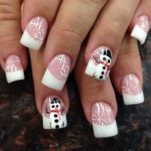 Christmas 24pcs Short Square French Press-On Nails, Snowman & Snowflake Design, Glossy Acrylic False Nails for Women and Girls