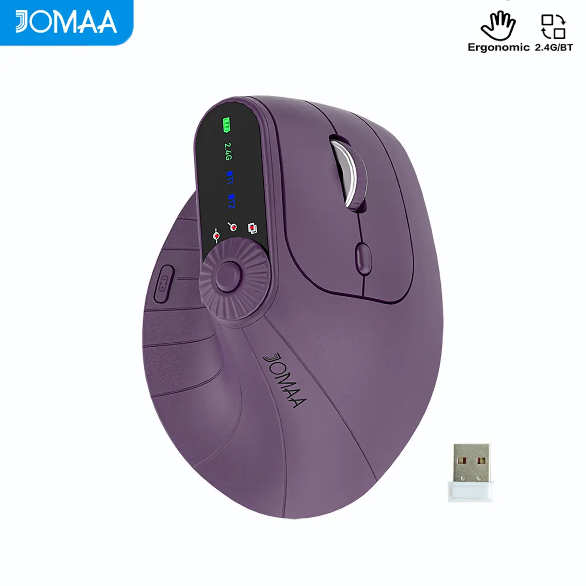 Ergonomic Bluetooth-compatible & 2.4g Dual-Mode Wireless Vertical Mouse, Computer Mouse Wireless, with Led Display, Adjustable Multifunctional Knob, Rechargeable 2400 Dpi, PC/laptop/desktop, USB Receiver, Purple/Black Color
