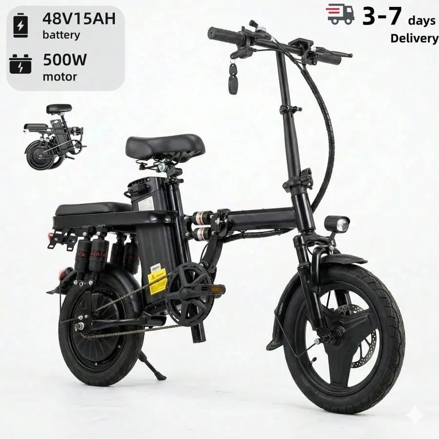 This Adult Folding Electric Bicycle Features 14-Inch Tires, 8 Shock Absorbers, A 500W Motor, A 48V 15Ah Battery, And A Maximum Range Of 30 Miles, Making It Suitable For Commuting.