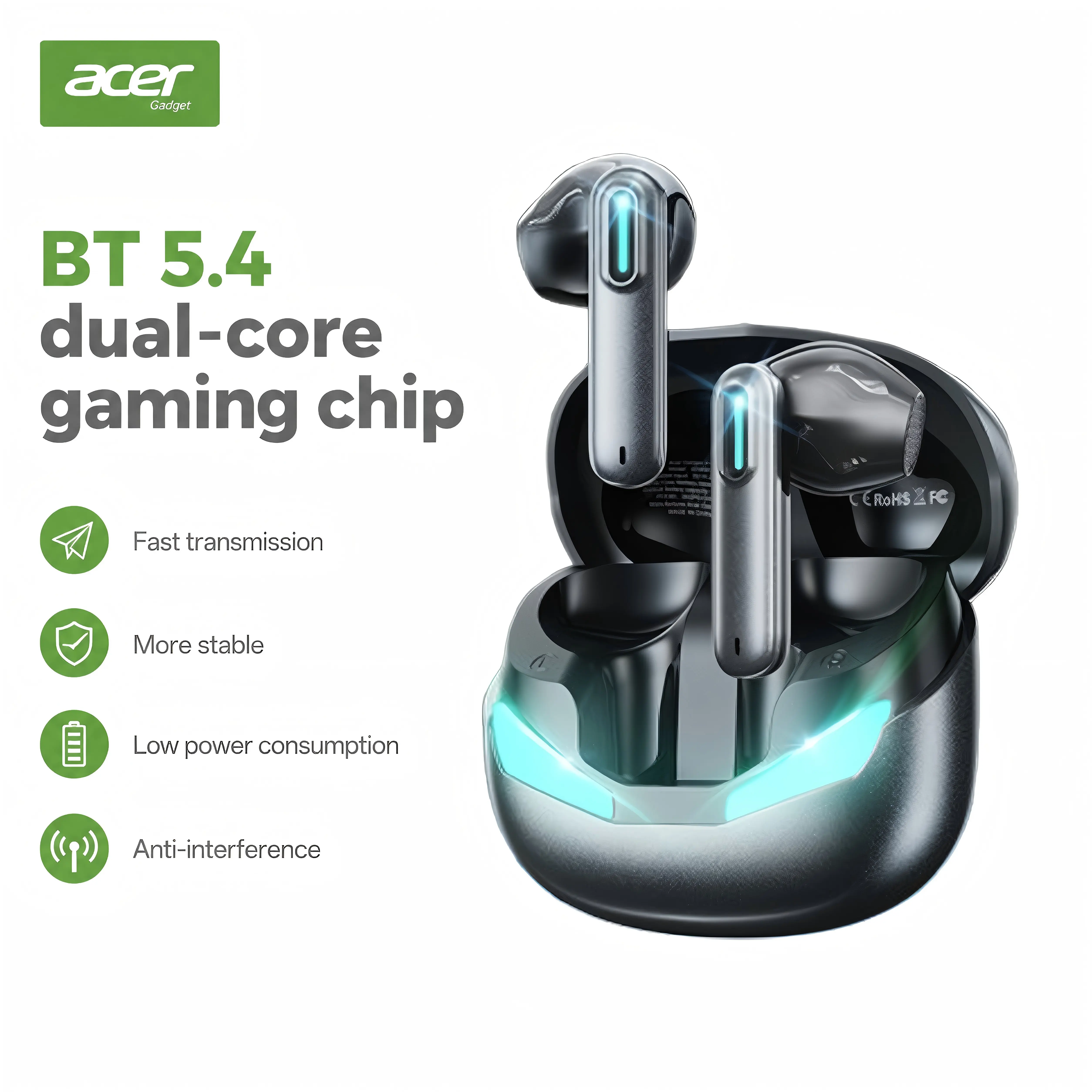 Acer OHR800 Wireless Earbuds Bluetooth 5.4 Gaming Headsets High Fidelity IPX5 Waterproof, Suitable for Office, Sports, Study and Audio Calls, Built-in Microphone, TWS Earphones