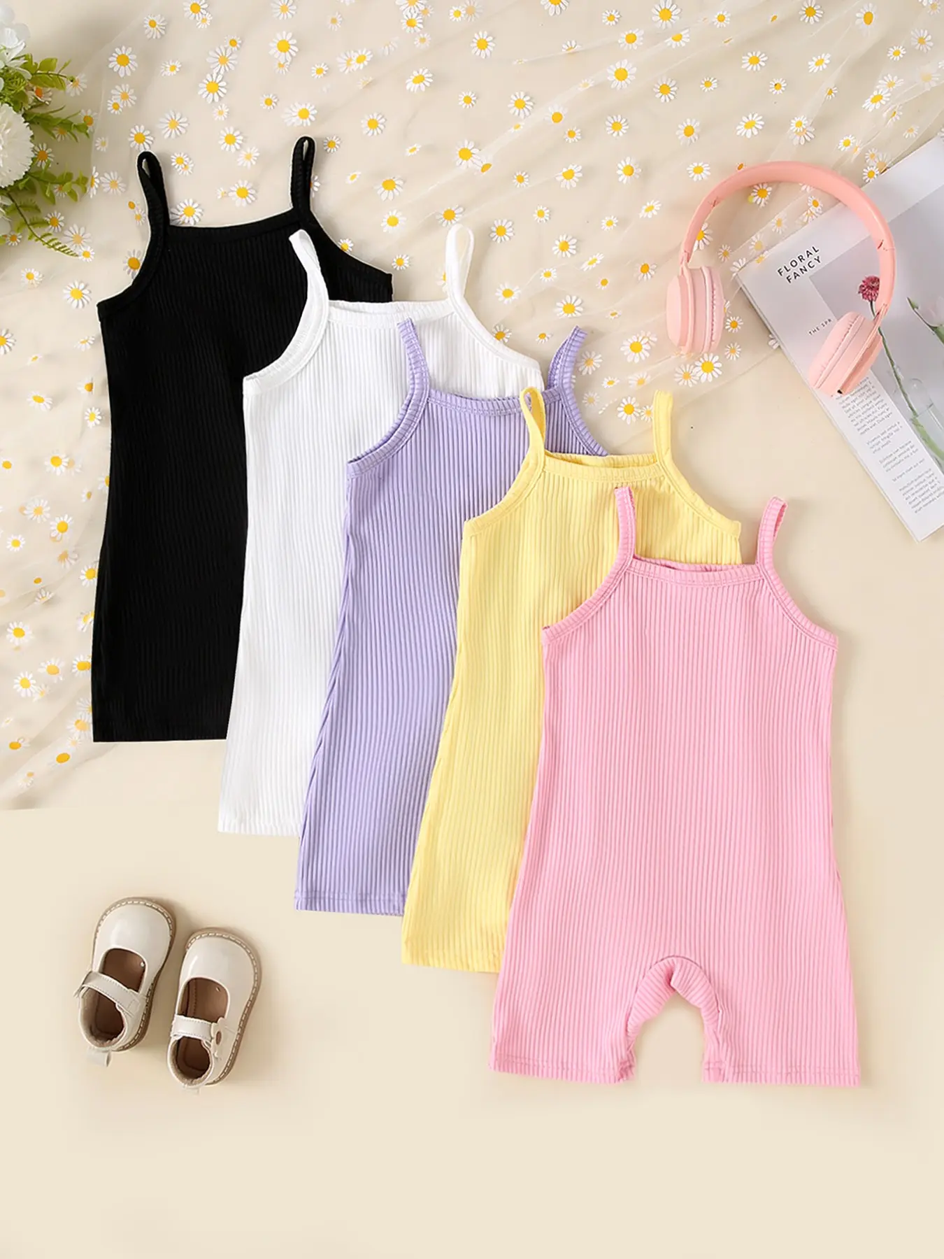 Summer Five-Piece Baby Girls Solid Color Casual Ribbed Tank Romper Shorts Set, Bodysuit, Toddler Onesies, Toddler Jumpsuit, Comfortable and Stylish for Toddlers, Rompers Set, Infant Toddler Clothes