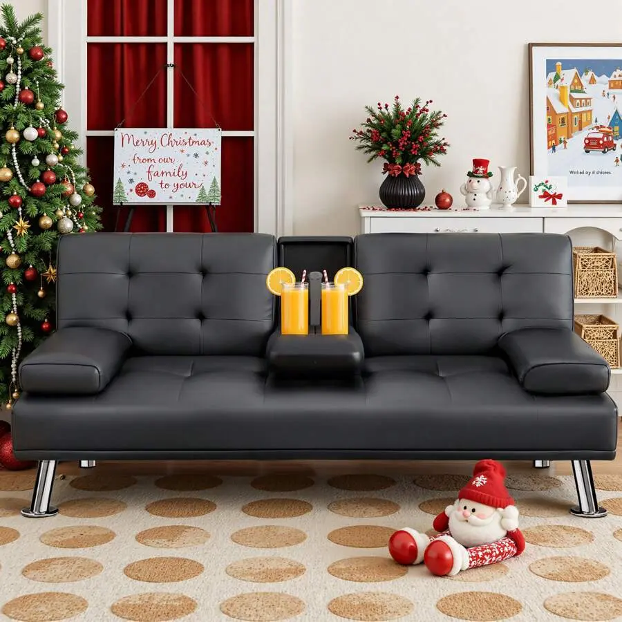 Full-Sized Quilted Modern Faux Leather Futon Sleeper Sofa Bed for Living Room, Foldable Convertible Adjustable Recliner with 2 Cup Holders – Ideal for Watch Parties, Watch Party