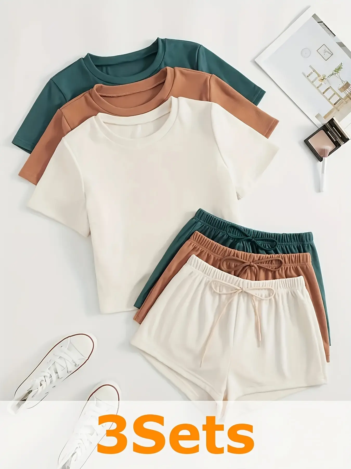 Women's 3 Sets Short Sleeve Crop Top & Drawstring Shorts Outfit Sets, Casual Solid Color 2 Piece Loungewear Matching Sets