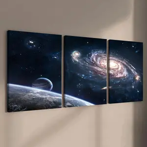 Space Themed Canvas Painting, 3 Counts Exquisite Wooden Framed Canvas Painting, Modern Wall Decor for Home Living Room Bedroom Office
