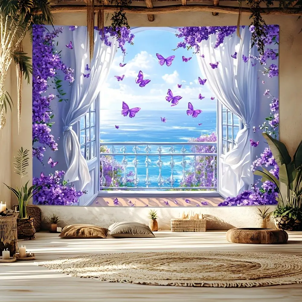 1PC Reusable Polyester 2D Flat Purple Butterfly Flower Pattern Tapestry - Home Wall Hanging, Sea View Window Decoration, Romantic Birthday Balcony Backdrop