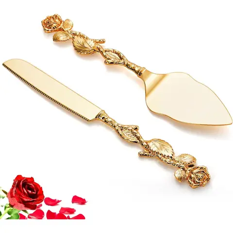 Adult 2-Pcs Kitchenware Gold Vintage Wedding Cake Knife and Server Set - Durable Cutlery Utensils with Flower-Shaped Handles for Weddings, Anniversaries, Birthdays, Bridal Shower Gift