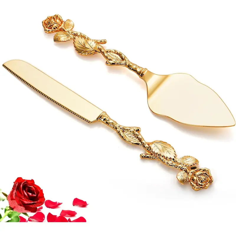 Adult 2-Pcs Kitchenware Gold Vintage Wedding Cake Knife and Server Set - Durable Cutlery Utensils with Flower-Shaped Handles for Weddings, Anniversaries, Birthdays, Bridal Shower Gift