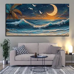 Wood frame large beach canvas print - moonlit ocean scenery, palm trees and starry sky, vibrant coastal wall art for living room, bedroom, vacation home decor, beach themed decor