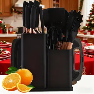 XBJ Silicone Kitchenware Set, Non-stick Pan Set, Silicone Spatula, Heat Resistant, 6-Piece Knife Set, Cutting Board (19-Piece Set, Black)