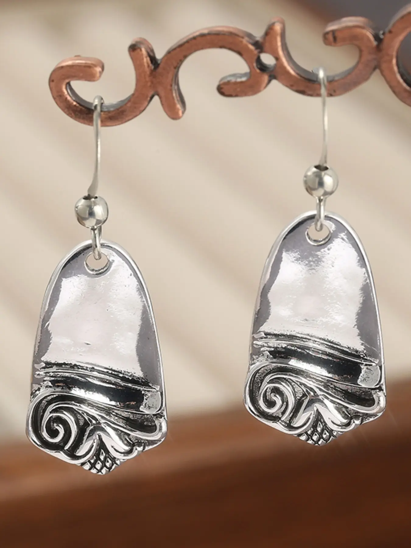 Bohemian Silver Color Keychain Hook Earrings, Handmade Textured Pendant Earrings, Antique Style Jewelry Memorial Gift