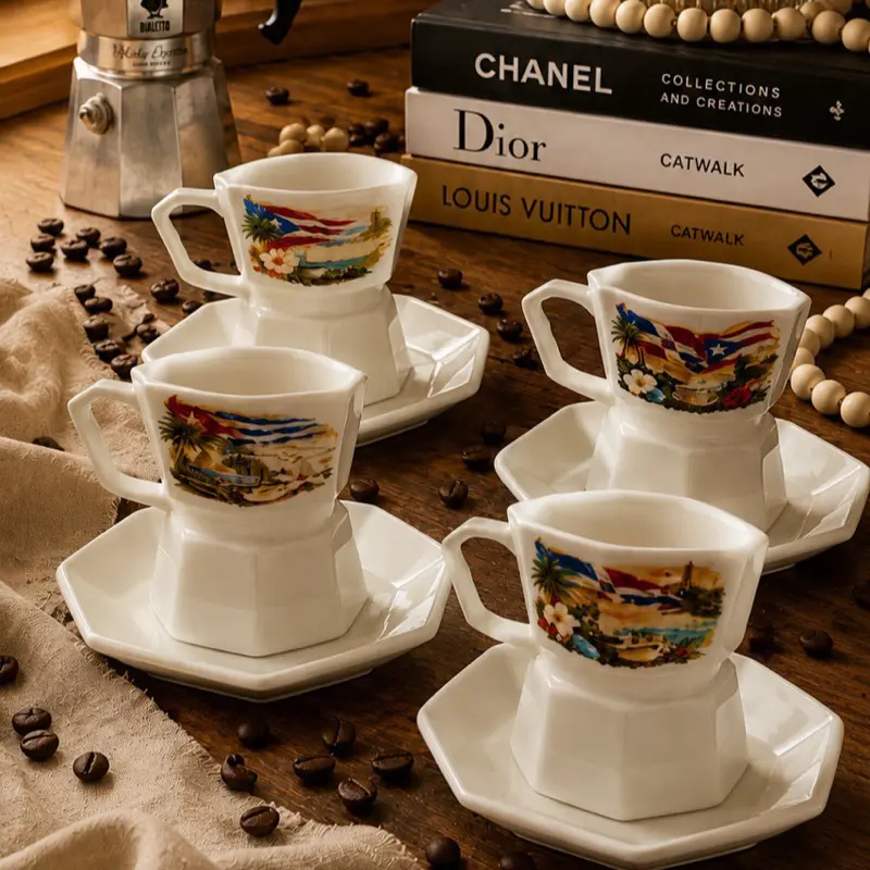 5 oz Greca-Style Espresso Cup & Saucer Set | Dominican Republic, Puerto Rico & Cuba